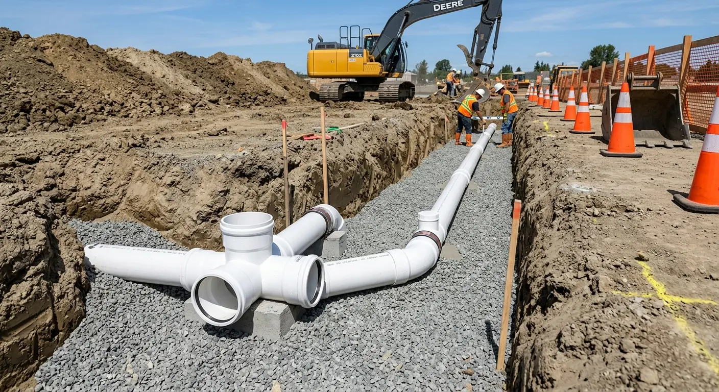 New PVC sewer pipe installation in open trench for Commercial Drain Cleaning in Bow
