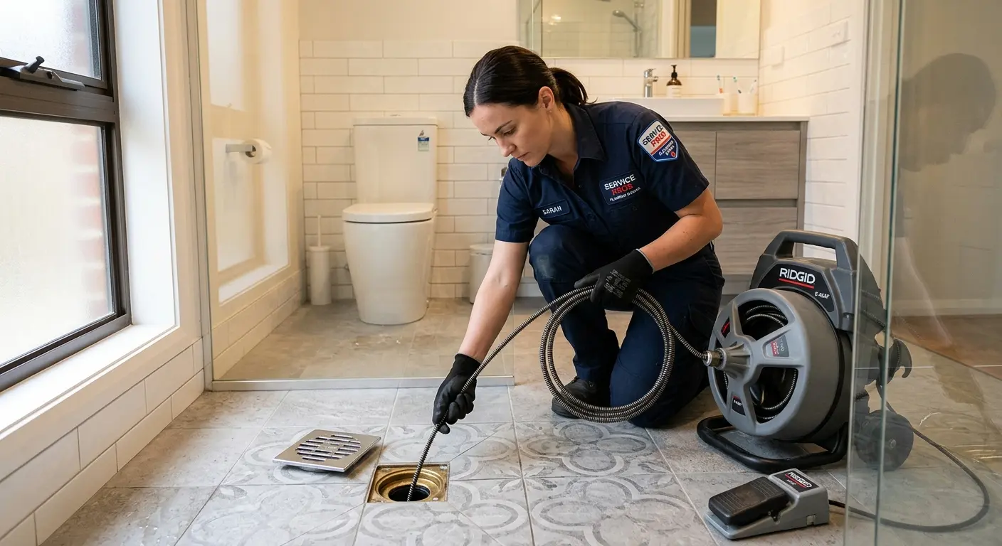 Technician clearing a bathroom floor drain for Hydro Jetting in Bow